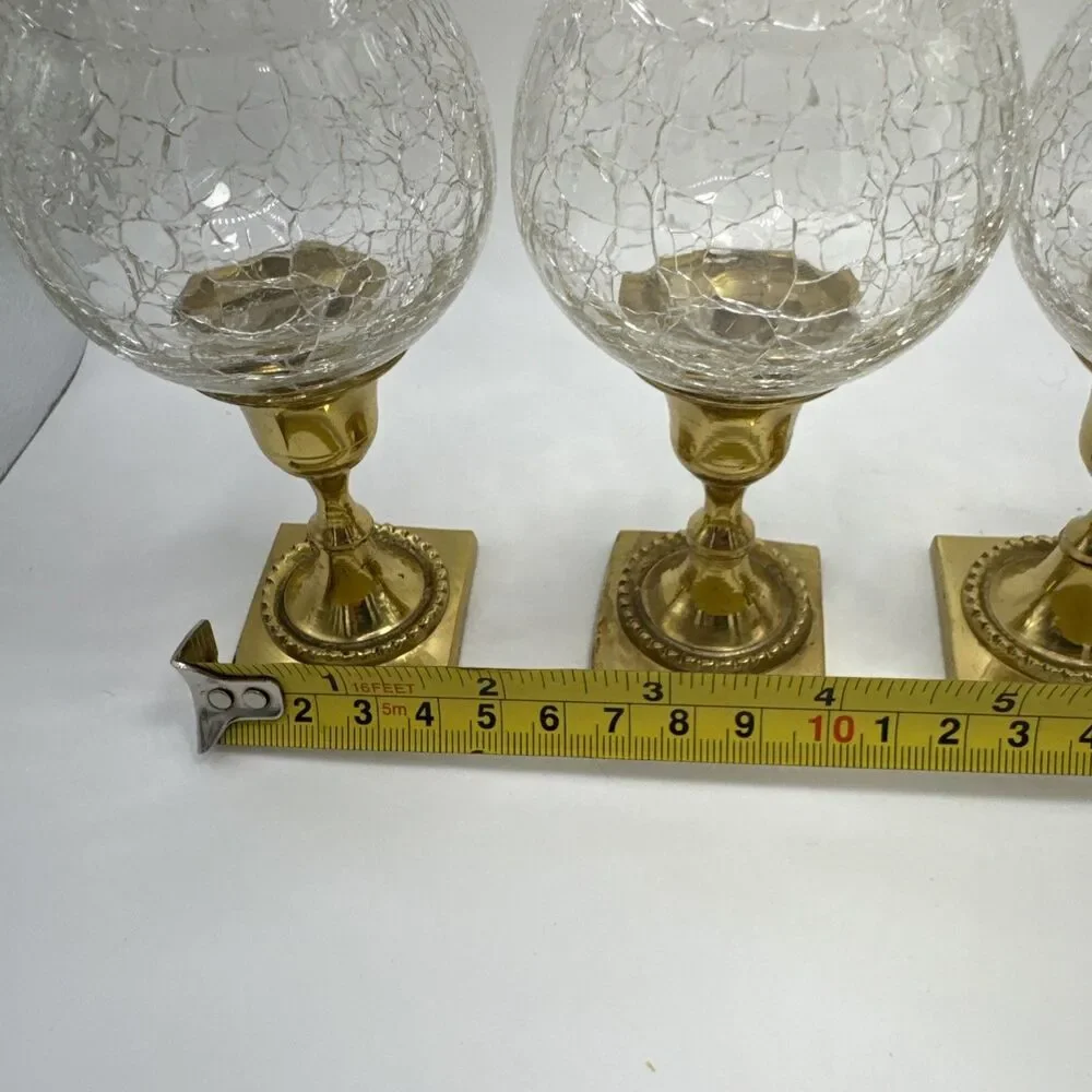 Vintage Mid-Century Gold Brass & Crackle Glass Votive Candle Holder Set of 4
